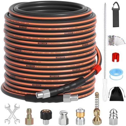100FT Sewer Jetter Kit for Pressure Washer, 1/4" NPT Corner Drain Cleaner Hose 5800 PSI with Sewer Jetting Nozzles, Pearl Corsage Pin, Waterproof Tape, Extension Cord Organizer&2 Spanner