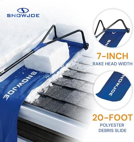Snow Joe RJ208M Roof Rake Snow Removal Tool, Snow and Ice Scraper with Debris Slide and 28-Foot Reach, Includes 4 Adjustable Extension Poles