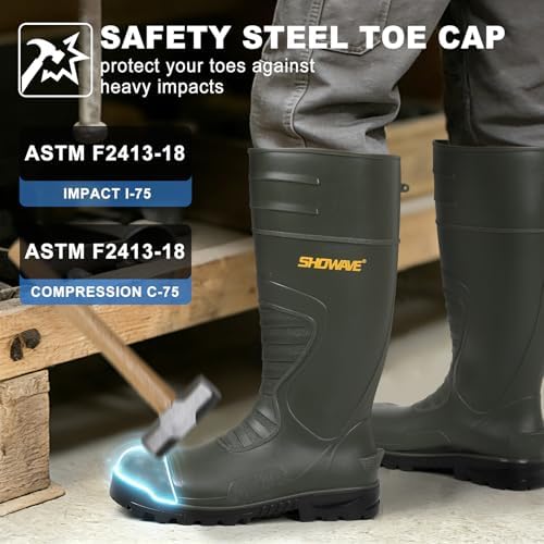 Showave Men's Rubber Boots Steel Toe Rain Boot Construction Waterproof Boot