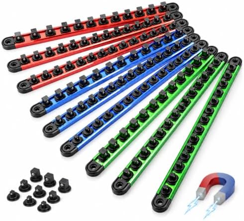 Magnetic Socket Organizer Set | 1/4" 3/8" 1/2" Socket Rail with 120 Clips | 9PCS Aluminum Alloy Socket Holder | Ratchet Organizer & Socket Organizer for Tool Box Drawer|Garage and Tool Cart