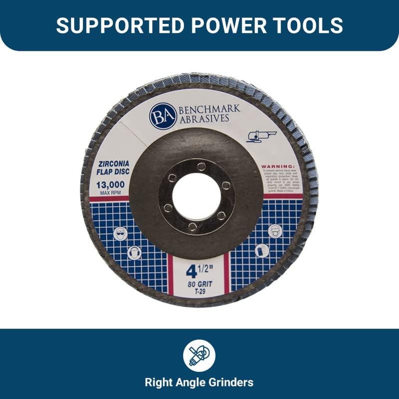 Benchmark Abrasives 4.5" x 7/8" Premium Zirconia T29 Angled Flap Discs 4 1/2 for Angle Grinder, Sanding Discs, Finishing, Rust, Stock Removal- Grinding Wheels 4 1/2 Inch (100 Pack) - 80 Grit