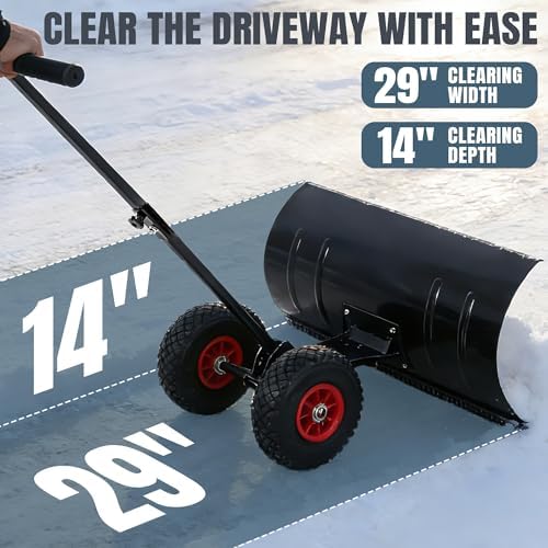 29" Push Snow Shovel with Wheels for Driveway, Heavy Duty Metal Wheeled Snow Pusher Hand Plow with Adjustable Angle & Height Ergonomic Handle for Snow Removable, 29"x14" Blade