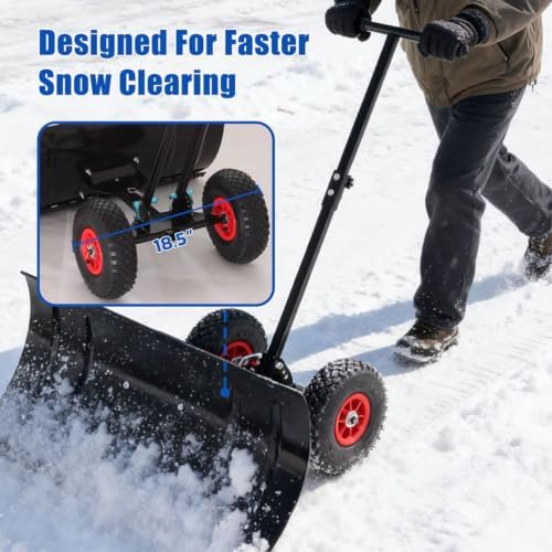 29" Snow Pusher Shovel with Wheels, Heavy Duty Steel Wheeled Snow Shovel with 45° Adjustable Blade, 5-Position Height Handle & 10" Rubber Wheels, Manual Snow Plow for Driveway, Sidewalk, Deck,