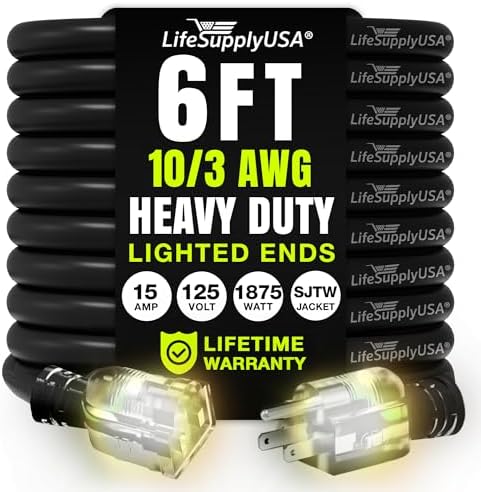 6ft Outdoor/Indoor Extension Cord 10/3 Gauge Ultra Heavy Duty 3 Prong SJTW (5-15P/5-15R), Waterproof, Flexible Cold-Resistant Long Power Cord,125 Amp 1875W, Black by LifeSupplyUSA
