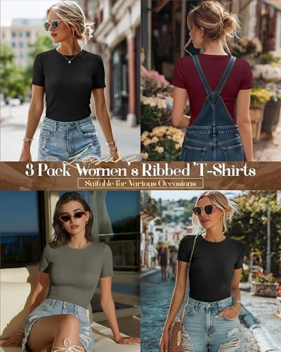 Ficerd 3 Pack Women's Ribbed Short Sleeve T-Shirts
