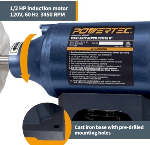 POWERTEC 6-Inch Bench Buffer Jewelry Polisher - Includes 5PCs 80Ply Buffing Wheels + 3PCs Polishing Compound Set | Benchtop Buffing Machine for Metal, Jewelry, Knives, Wood, Jade, and Plastic (BF601D)