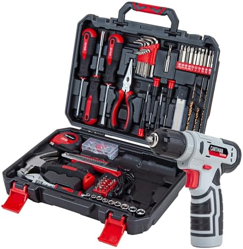 CARTMAN 150-Piece 8V Cordless Drill Hand Tool Set, Red Household Repair Kit