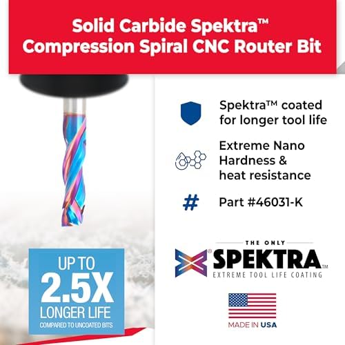 Amana Tool Spektra Extreme Tool Life Solid Carbide CNC Compression Spiral Router Bit, 46031-K, 8 D x 1-1/4 CH x 3/8 SHK x 3 Inch Long 3 Flute