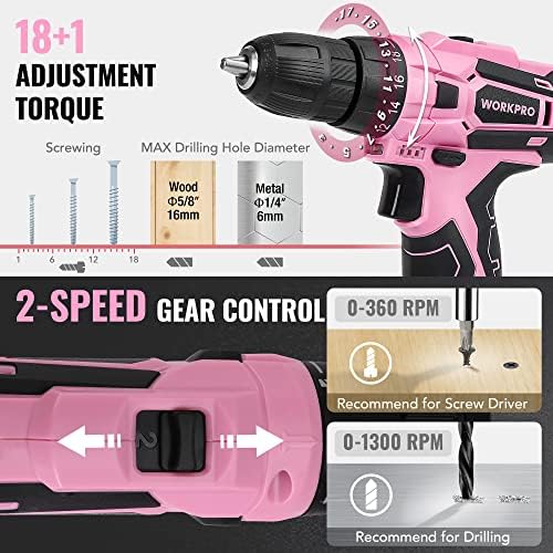 WORKPRO 12V Cordless Pink Drill Set for Women, Home Tool Kit with Tool box
