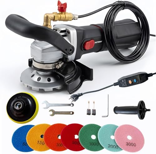 1100W Wet Concrete Grinder & Stone Polisher Kit, 6 Variable Speed Handheld Wet Grinding Machine with Top Water Feed & GFCI, 4” Diamond Wheel and 7 Polishing Pads for Concrete, Granite, Marble & Brick
