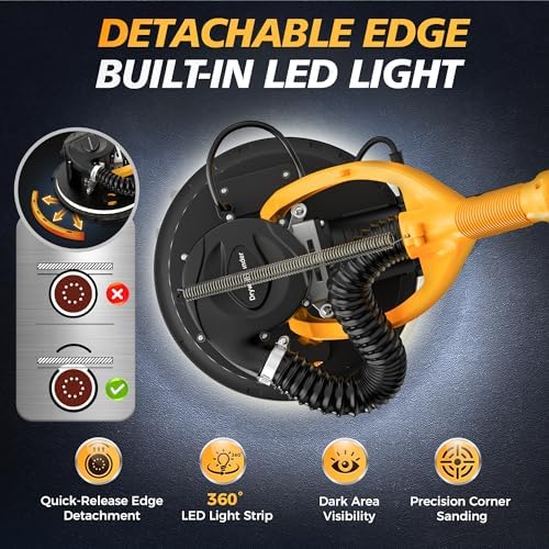 MAKELIFT Electric Drywall Sander for Ceiling with Vacuum | 5-speed 1000-2100 RPM, 880W motor, 4.4-5.5 ft telescopic pole, LED light, foldable design, up to 99% dust collection.