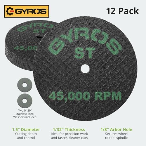GYROS Cut-Off Wheels for Rotary Tools – 1.5” Super-Tensile Fiberglass Reinforced, 12-Pack | Ideal for Stainless Steel, Titanium, Nickel, Carbon & Chrome Alloys | Made in USA 11-41502/12