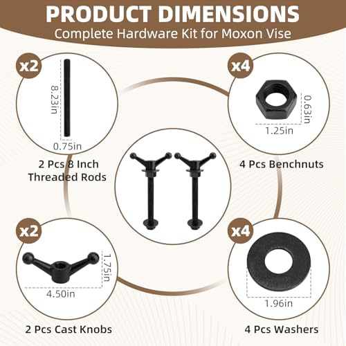 Hardware Kit for Moxon Vise, 8 Inch Threaded Rods Bench Vise Screw Kit with Cast Knobs, Nuts & Washers, Woodworking Workbench Tools for Wood Carving & Dovetail Cutting