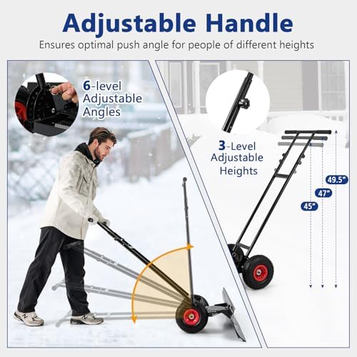 GYMAX Snow Shovel, Wheeled Pusher with 10” Pneumatic Rubber Wheels, 36” Wide Blade, Adjustable Height, Anti-Slip Handle, Heavy Duty Ergonomic Shovel for Driveway, Sidewalk, Pavement Snow Removal