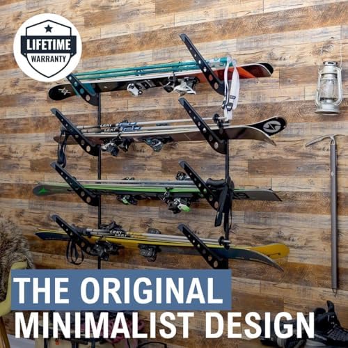 StoreYourBoard Ski Rack Wall Mount, Horizontal Ski Storage Rack for Garage, 4-Level Ski Wall Mount with Padded Arms, Ski Pole Holder, Ski Holders for Wall, Winter Gear Organizer, Black, Holds 100 lbs