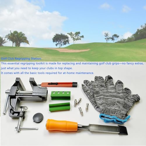 Golf Club Regripping Kit, Optional Professional or Basic Golf Grip Replacement Tools, 2-In-1 Bench Vise or Mini Table Vise, Fixed Rubber Clip, Hook Blade, Grip Tape Remover
