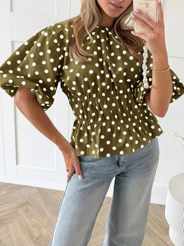 Cicy Bell Women Polka Dot Peplum Blouse Round Neck Puff Sleeve Summer Top