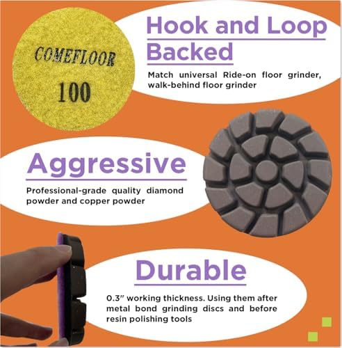 Concrete Floor Polishing Pucks Sharp Diamond Copper Bond Grinding Disc, Fit Ride-on Floor Grinder, Walk-Behind Grinder, 3 Inch Hook and Loop Long Using Life Polishing Pads, 100#