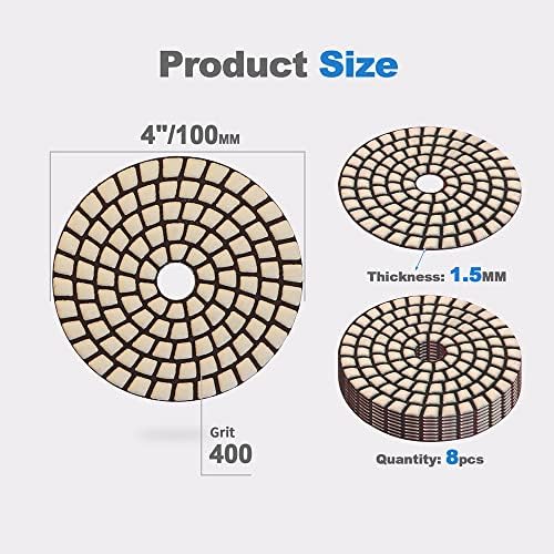 Dry Diamond Polishing Pads - 8pcs 4 inch #400 Sanding Pads Kit for Granite Marble Ceramic Used on Angle Grinder or Polisher