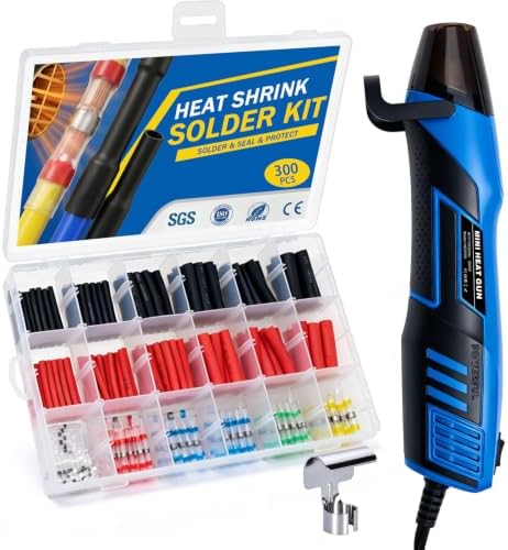 350W Mini Heat Gun Kit with 300pcs Waterproof Solder Seal Wire Connectors & 3:1 Heat Shrink Tubing, Dual-Temp 482°F/752°F (250°C & 400°C) Fast Heating for Automotive, Marine, Wiring Repair 10-26 AWG