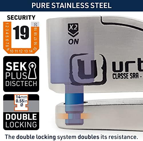 URBAN UR14S Approved Motorcycle Disc Lock with Smart Alarm | 120dB, LED, Warning, A+ Sensitivity, X2 ON | SRA & Sold Secure Gold Tested Anti-Theft for Motorbike | 14mm Double Locking, Stainless Steel