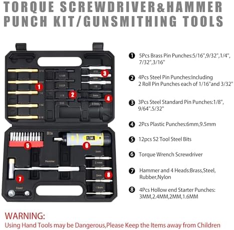 Torque Screwdriver &Brass and Steel Pin Punches and Hammer set | Elite Gunsmithing Tools Absolute Combo for Gun Maintenance, Scope Mounting, DIY, with S2 Bits