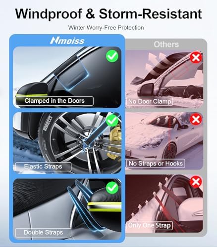 Nmoiss 3-in-1 Windshield Snow Cover for Small Sedans & Sports Cars — S Size Frost Guard with Ice Scraper, Waterproof 600D Oxford Heavy-Duty Winter Protection & 360° Windproof Design for Low-Profile