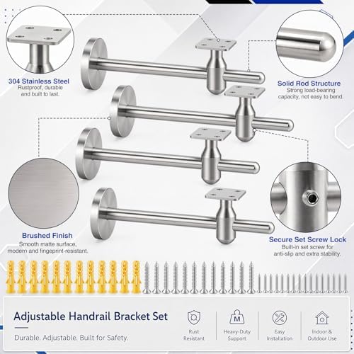 Flutesan 5 Pack 8.27 Inch Handrail Brackets | 304 Stainless Steel Adjustable Stair Railing Brackets with Wrench, Indoor/Outdoor Banister Support for DIY Installation