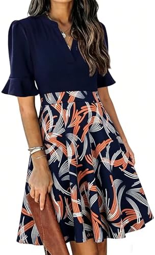Mokayee Womens Summer V Neck Ruffle Short Sleeve Fit and Flare Knee Length Church Wedding Guest Dresses with Pockets