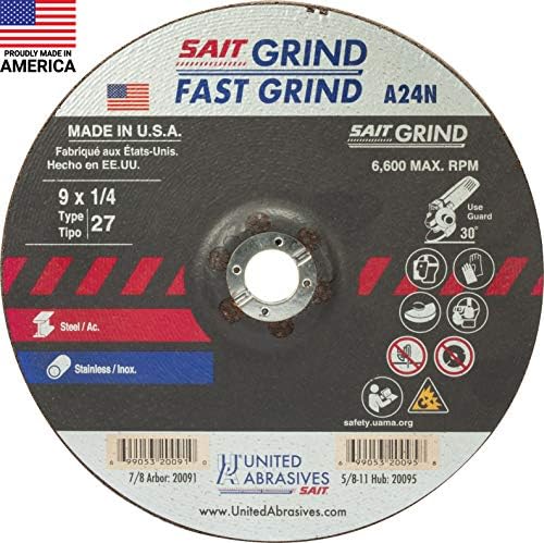 United Abrasives-SAIT 20091 A24N Fast Grinding Wheel 9" x 1/4" x 7/8" Type 27, 25-Pack