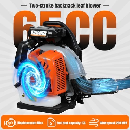 65cc Gas Powered Backpack Leaf Blower, 700 CFM & 200 MPH, Lightweight Handheld Leaf Blower for Lawn Care, Snow & Dust Removal, 1.7L Fuel Tank Orange