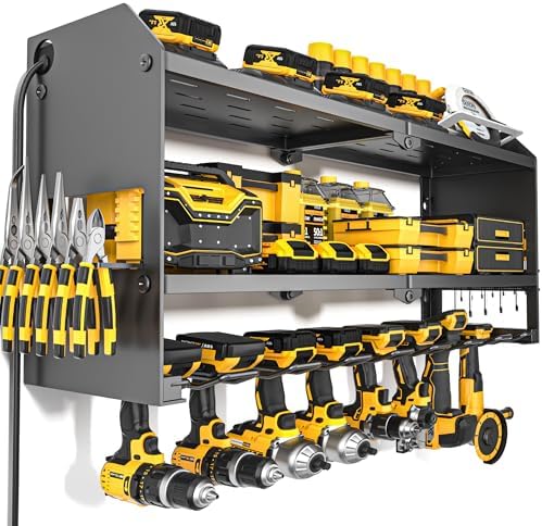 YYR Power Tool Organizer with Charging Station Wall Mount, Cordless Drill and Battery Holder for Garage Organization, Electric Tools Storage Rack Build in Surge Protection Power Strip - Black Shelf
