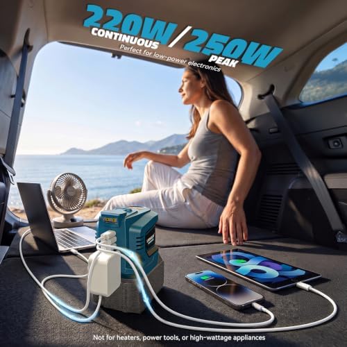 LIVOWALNY 220W-250W Power Inverter Compatible with Makita 18V Battery, DC 18V to AC 110-120V Power Station with 1 AC Outlet, 2 USB, 1 Type-C & LED Light, for Camping Power Outage (No Battery) (2-Pack)