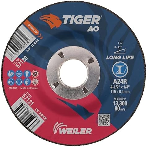 Weiler 57121 Tiger 4-1/2" Grinding Wheel, Type 27, 1/4" Thick, A24R, 7/8" A.H. (Pack of 10)