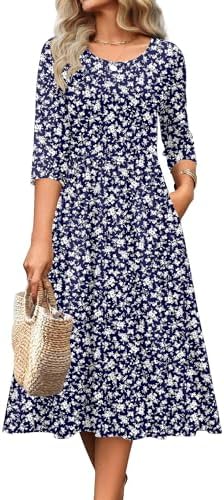 Zeagoo 3/4 Sleeve Women's Dress Casual Aline Summer Fall Midi Long Dresses
