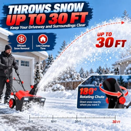 20-Inch Corded Electric Snow Thrower, 15 Amp Corded Snow Blower with Dual LED Lights, 180° Rotating Chute, 30 FT Throw Distance, 10-Inch Clearing Depth for Driveways, Walkways & Patios