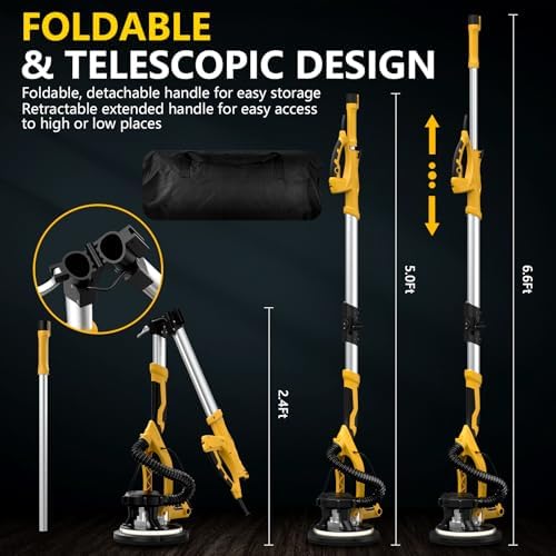1390W Drywall Sander with Vacuum, 11.5A Electric Drywall Sander with 900-2800RPM 5 Variable Speed, Popcorn Ceiling Removal Tool with Extendable Handle, LED Light, 18x Sanding Discs