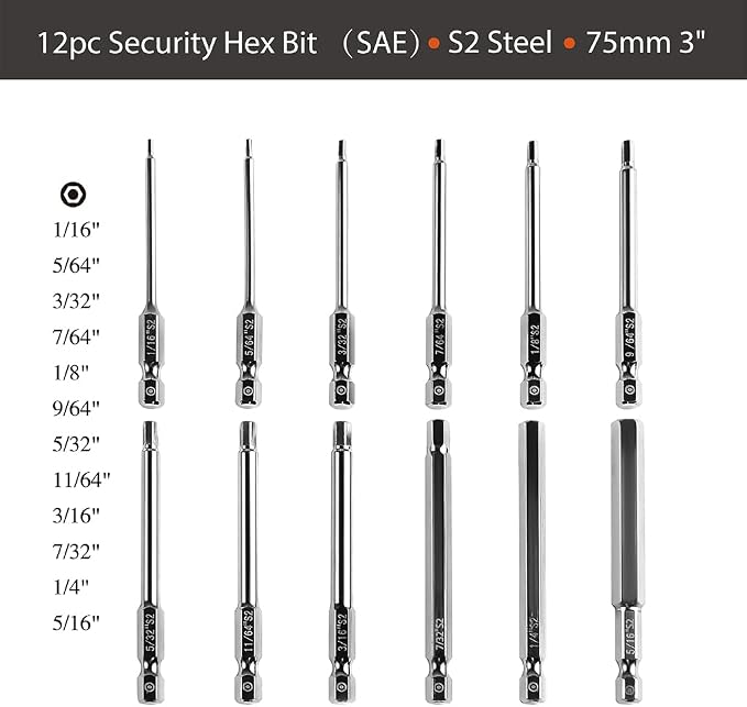 Dandeeler 12 Piece Allen Wrench Drill Bits Security Hex Bit Set SAE, S2 Steel 3 Long, with Tool Bag 12pc Security Hex SAE 3inch