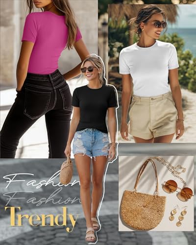 Ficerd 3 Pack Women's Ribbed Short Sleeve T-Shirts