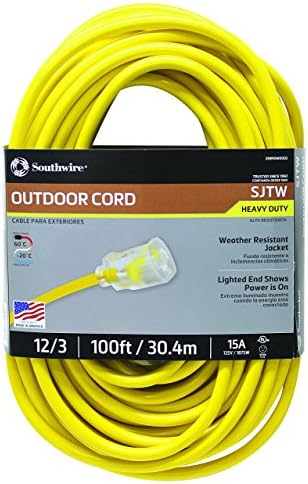 Southwire Outdoor Extension Cord – Durable Vinyl Jacket for For Farm, Ranch & Workshop - Lighted End With Reinforced Blades - SJTW, Yellow - 12 Gauge, 3 Prong - 100 Feet