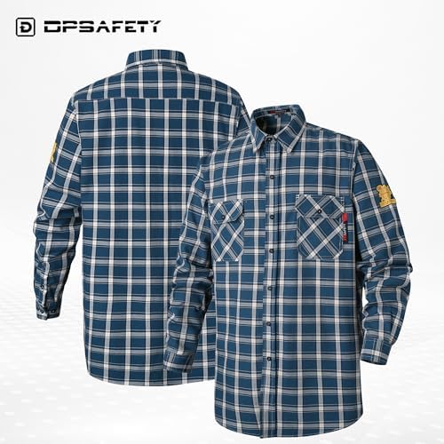 FR Shirts for Men 7oz Fire Resistant Shirts CAT2 Welding Shirt 100% Cotton Flame Resistant Shirt Blue/Plaid(5X-Large)