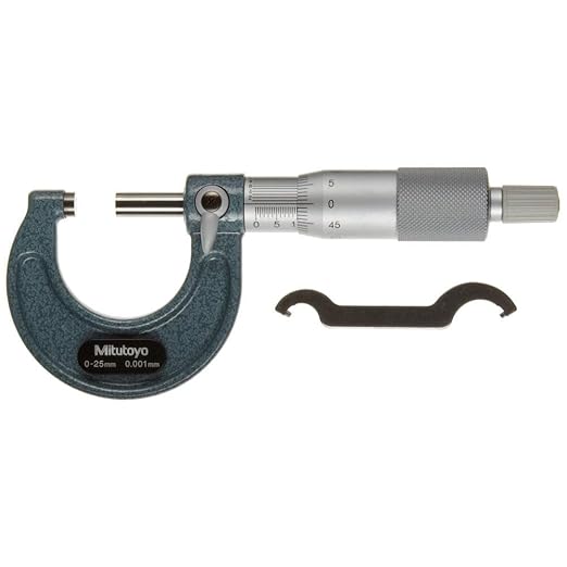 Mitutoyo 103-129 Outside Micrometer, Baked-enamel Finish, Ratchet Stop, 0-25mm Range, 0.001mm Graduation, +/-0.002mm Accuracy