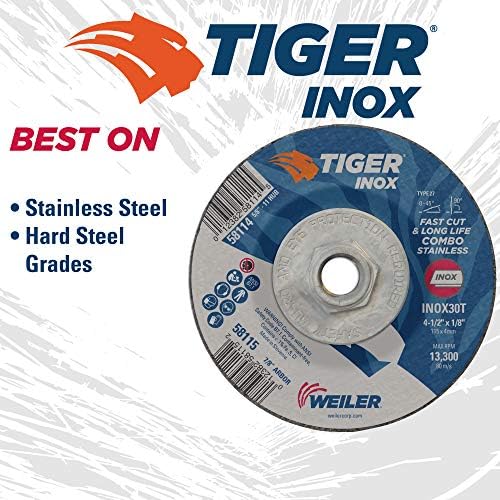 Weiler 58114 4-1/2" x 1/8" Tiger INOX Type 27 Cut and Grind Combo Wheel, INOX30T, 5/8"-11" UNC Nut (Pack of 10)