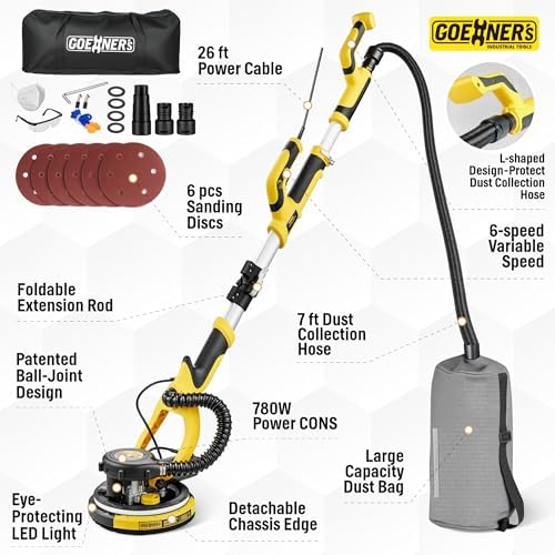 Drywall Sander, Electric Drywall Sander with Vacuum, Automatic Dust Removal, 7 Variable Speed, 900-1800RPM, 26’ Power Cord, Labor-Saving Handle and Patented Fixture for Ceiling Sanding, LED Light