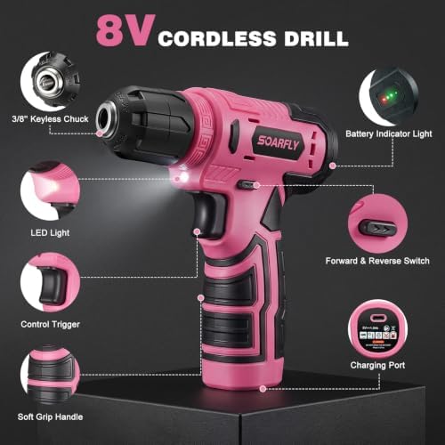 157-Piece Pink Tool Set, 8V Cordless Drill Set, Tool Kit for Women & Women