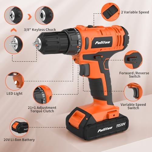 PULITUO 20V Cordless Drill Set, 2 Batteries Electric Screwdriver, 30Nm Power Drill Driver, 21+1 Torque, 2 Speed, 3/8"Keyless Chuck, power Drill with LED Light, Drill Driver Kit for Home (Orange)