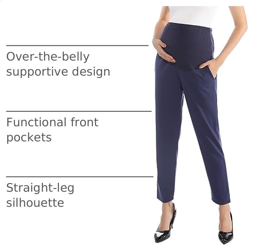 Maternity Pants Work Over The Belly with Pockets, Womens Pregnancy Dress Pants Office Clothes Trousers Stretch Summer