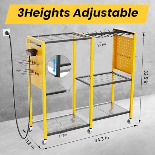 Heavy-Duty Power Tools Organizer Cart with Charging Power Strip, 6-Tier Rolling Utility Cart with 8 Hooks and 6 Load-Bearing Wheels, Garage Tool Storage Rack for Workshop for Men