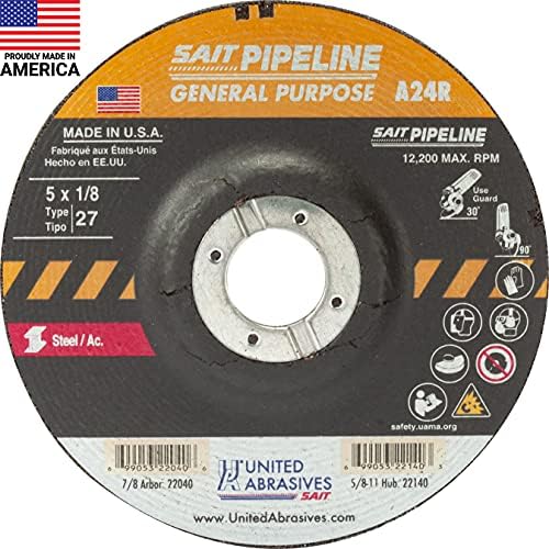 United Abrasives-SAIT 22040 A24R General Purpose Pipeline Wheel (Type 27 Depressed Center) 5" x 1/8" x 7/8", 25-Pack