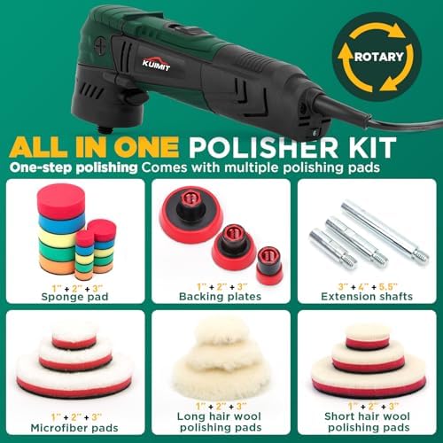 1"/2"/3" Buffer Rotary Polisher Kit | 780W High-Power Mini Polishing Machine w/ 27-Piece Accessories | M5/8-11 Thread 75mm/100mm/140mm Extension Shafts | for Car, Boat & Metal Detailing, Green